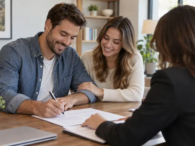 A couple signing paperwork at a closing table