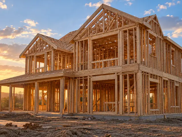 A house under construction, timber framing at sunset